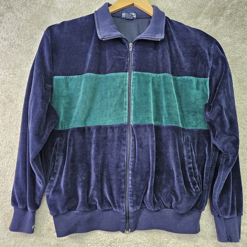 Vintage‎ Honors Velour Track Jacket Mens Large Full Zip Navy Blue Green Retro